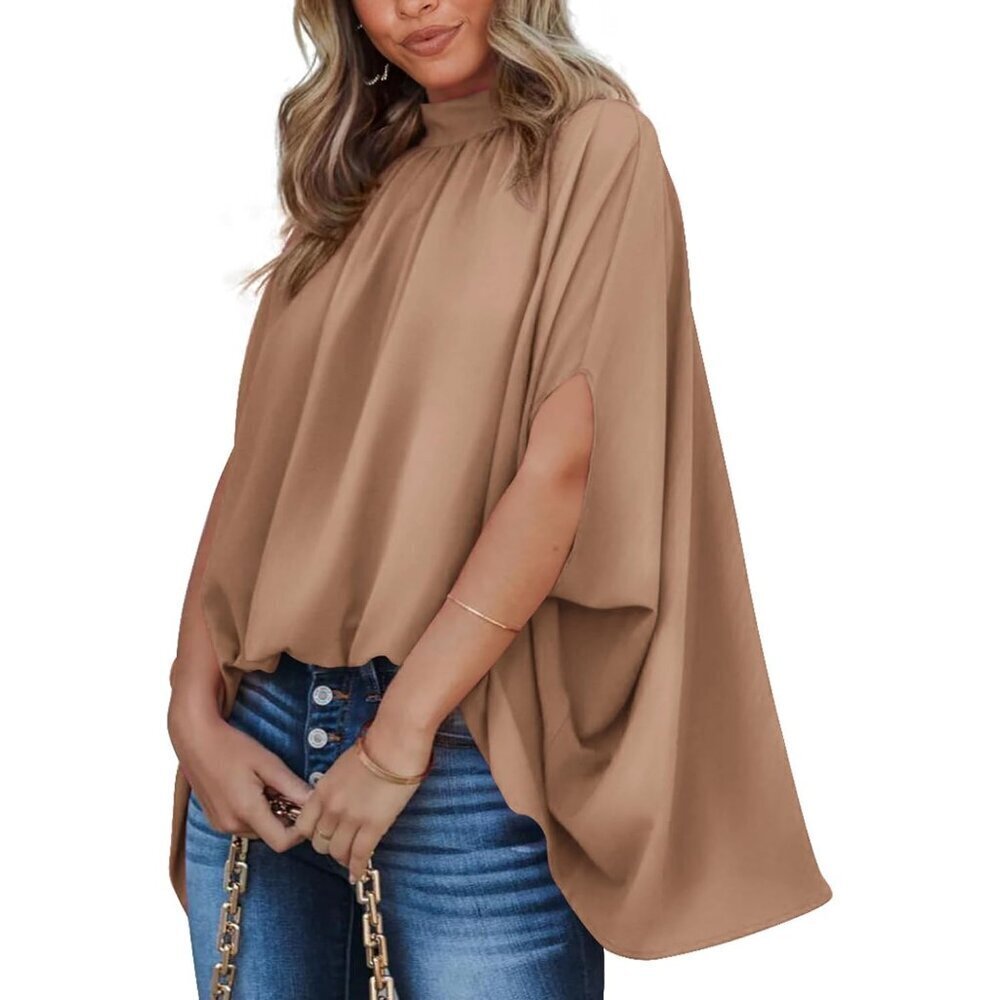 Women's Summer Blouses Khaki Oversized Batwing Sleeve Mock Neck Tops